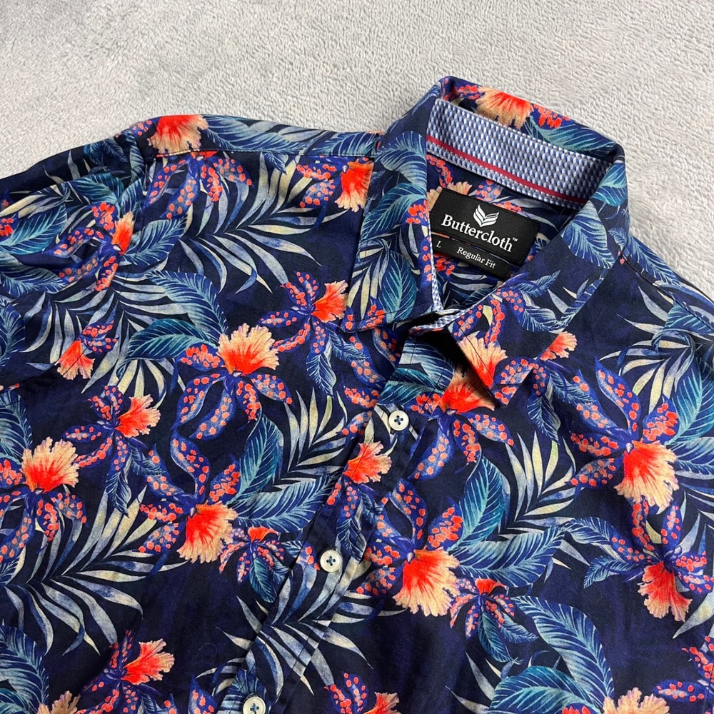 Buttercloth Mens Regular Fit Short Sleeve Tropical Floral‎ Button Down Shirt L